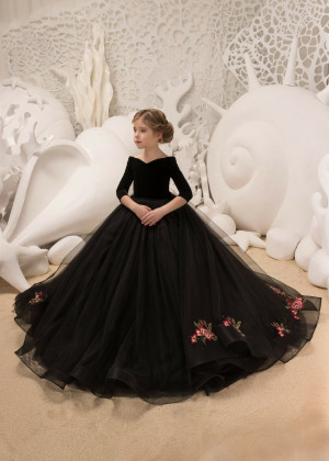 Off Shoulder Black Velvet Lace Tulle Gorgeous Flower Girl Dress Off Shoulder Black Velvet Lace Tulle Gorgeous Flower Girl Dress